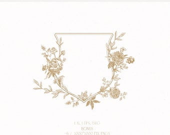 Peonies Vintage Wedding Crest Monogram Logo (Digital Download)