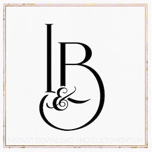 Può includere: Design di monogramma in bianco e nero con le lettere "I" e "B" con un simbolo ampersand tra loro. Le lettere sono stilizzate e collegate per formare un unico design. Il testo "INSTANT DOWNLOAD - NO CUSTOMIZATION" appare sotto il monogramma.