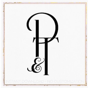 May include: Black and white monogram design featuring the letters "P" and "T" with an ampersand symbol between them. The letters are stylized with a decorative flourish. The text "INSTANT DOWNLOAD - NO CUSTOMIZATION" appears below the monogram.