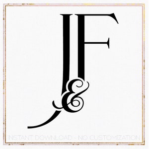 Könnte beinhalten: Schwarz-weißes Monogramm-Design mit den Buchstaben "J" und "F" und einem Und-Zeichen dazwischen. Die Buchstaben sind mit einem dekorativen Schwung gestaltet.