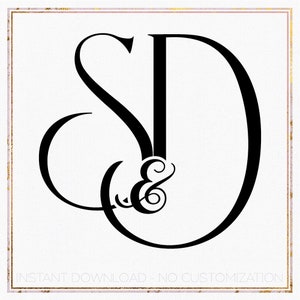 Könnte beinhalten: Schwarz-weißes Monogramm-Design mit den Buchstaben "S" und "D" und einem Ampersand-Symbol dazwischen. Die Buchstaben sind mit einem dekorativen Schwung gestaltet.