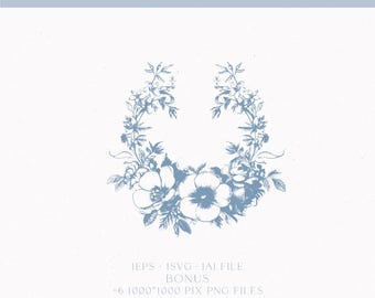 Vintage Floral Wedding Logo, Sketched Botanical Crest (Digital Download)