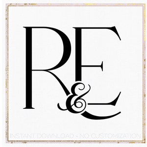 Puede incluir: Diseño de monograma en blanco y negro con las letras "R" y "E" con un símbolo de ampersand entre ellas. Las letras son estilizadas y tienen un toque decorativo. El texto "INSTANT DOWNLOAD - NO CUSTOMIZATION" aparece debajo del monograma.