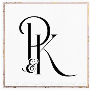 Puede incluir: Monograma en blanco y negro con las letras "P" y "K" entrelazadas con un símbolo de ampersand. Las letras están estilizadas con un toque decorativo. El texto "INSTANT DOWNLOAD - NO CUSTOMIZATION" aparece debajo del monograma.