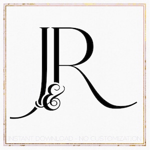 Puede incluir: Monograma en blanco y negro con las letras "J" y "R" entrelazadas con un símbolo de ampersand. Las letras son estilizadas y elegantes. El texto "INSTANT DOWNLOAD - NO CUSTOMIZATION" aparece debajo del monograma.
