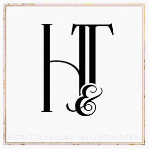 May include: Black monogram art print featuring the letters "HT" intertwined with an ampersand. The design is set against a white background with a gold and pink border. Text at the bottom reads "INSTANT DOWNLOAD - NO CUSTOMIZATION."