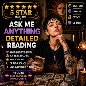 May include: A digital advertisement for a psychic reading service featuring text that reads 5 STAR RATING, ASK ME ANYTHING DETAILED READING, LOVE & RELATIONSHIPS, CAREER & FINANCE, LIFE PURPOSE, SPIRIT GUIDANCE, ANY QUESTION, ANY TOPIC, NO LIMITS. REAL ANSWERS. TOTAL CLARITY.