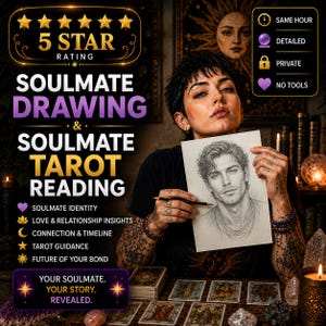 May include: A person with dark hair and tattoos holds a graphite sketch of a man. The image features text including 5 STAR RATING, SOULMATE DRAWING & SOULMATE TAROT READING, and YOUR SOULMATE. YOUR STORY. REVEALED. Tarot cards and crystals are on the table.