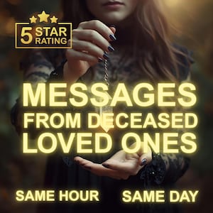 Peut inclure: Image avec le texte "Messages From Deceased Loved Ones". Une femme tient un pendule en cristal. L'image comprend également un graphique "5 étoiles". Le texte "Same Hour Same Day" est en bas.