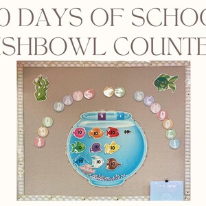 May include: A classroom display board with the text "100 DAYS OF SCHOOL FISHBOWL COUNTER". The board features a large blue fishbowl with colorful fish stickers, each labeled with the number 10. Additional stickers spell out "DAYS OF SCHOOL".