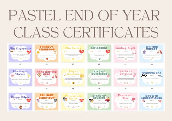 Pastel End of Year Class Certificate Awards for School Students
