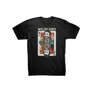 May include: Black t-shirt with a graphic of a man holding a beer and a playing card. The card says "WILD CARD" and features a skull and crossbones.