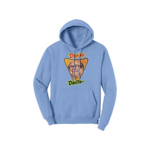 May include: A light blue hooded sweatshirt with a front graphic. The graphic features a portrait of a man with glasses inside a yellow triangle, with the words "Danny" and "Dorito" above and below the image.