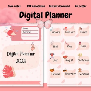 May include: A pink and white digital planner with a butterfly design. The planner includes a cover page with space for a name and surname, and a calendar section with a monthly view for each month of the year. Each month is illustrated with a different seasonal icon.