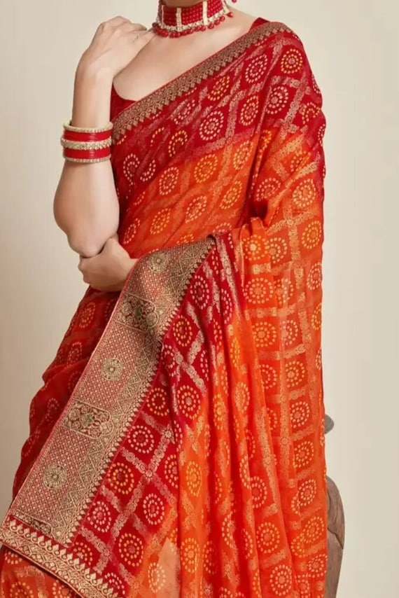 Orange Printed Zari Pure Georgette Bandhani Saree Printed Saree With Woven Design Border Saree With FREE Matching Petticoat Etsy Canada