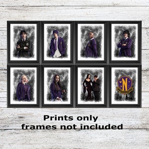 May include: Set of eight 8x10 inch prints featuring characters from the Netflix series "Wednesday". The prints are in black and white with a grainy texture and feature a lightning bolt design. The prints are of Wednesday Addams, Enid Sinclair, Xavier Thorpe, Tyler Galpin, Larissa Weems, Morticia Addams, Gomez Addams, and the Nevermore Academy crest.