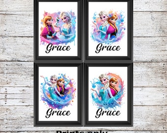 Personalised Frozen Elsa Anna Olaf Disney unframed watercolour wall art childrens bedroom poster A5 A4 A3 High Quality Prints