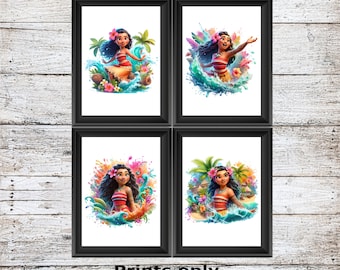 Disney Moana D2 Maui Hei Hei Pua unframed watercolour wall art childrens bedroom A5 A4 A3 High Quality Prints