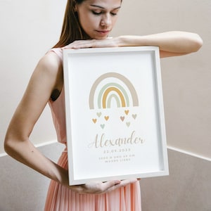 Geburtsposter Regenbogen Personalisiert Unisex / Regenbogen / beige braun Sand / Geburtsdaten Baby / Geschenk Geburt Taufe / Karte Geburt