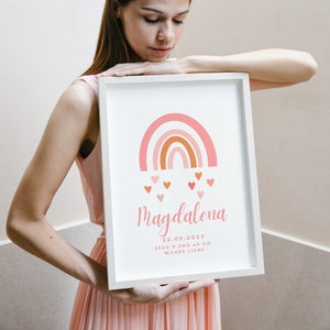Pink Regenbogen Geburtsposter Personalisiert Mädchen  / rosa pink / Geburtsdaten Baby / Geschenk Geburt Taufe / Karte Geburt