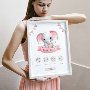 Geburtsposter Elefant Personalisiert Mädchen / Elefant / rosa / Geburtsdaten Kind / Geschenk Geburt / Geschenk Taufe / Karte Geburt