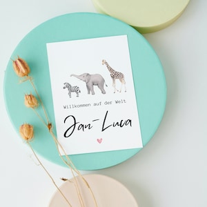 Geburtskarte Wildlife Personalisiert / Geschenkkarte Geburt / Junge / Mädchen / Geburtsdatum / Glückwünsche / Afrika Elefant Zebra Giraffe