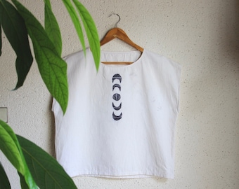 T-shirt hippie en coton blanc surcyclé et tataki zomé motif demi lunes