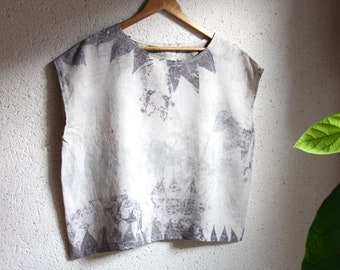 T-shirt oversize hippie/boho en Lin, blouse folk éco print, blouse originale naturelle en lin vintage
