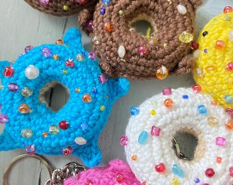 Hand-Crocheted Donut Keychain | Beaded Sprinkles Charm | Kawaii Food Bag Accessory