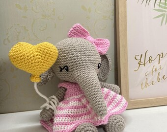Handmade Crochet Elephant Doll with Pink Dress, Yellow Heart Balloon | Amigurumi Nursery Decor