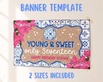 Mamma Mia 17th Birthday Banner, Dancing Queen Party Decor, Editable Canva Template, 2x6ft & 3x5ft