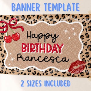 Può includere: Modello di banner con bordo a stampa leopardata. Il banner presenta il testo "Banner Template" in blu e "Happy Birthday Francesca" in nero e rosso. Elementi decorativi includono ciliegie rosse e labbra rosse.
