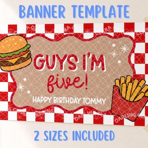 Könnte beinhalten: Eine rechteckige Bannervorlage mit rot-weiß kariertem Rand. In der Mitte befindet sich eine beige, gewellte Form mit einem Cartoon-Hamburger, einer roten Pommes-Frites-Schachtel und dem Text GUYS I'M five! HAPPY BIRTHDAY TOMMY.