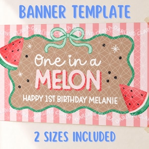 One in a Melon Banner, Watermelon First Birthday Party Decor, Editable Canva Mockup Template, 2x6ft & 3x5ft