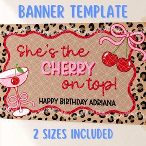 Cherry on Top Leopard Banner, Birthday Party Decor, Editable Canva Banner Mockup Template, 2x6ft & 3x5ft