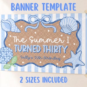 Puede incluir: Una plantilla de pancarta rectangular con rayas verticales azul claro y blancas. El centro presenta una forma festoneada marrón con lunares blancos, un lazo azul, una concha, una estrella de mar y una hortensia azul. Texto: The Summer I TURNED THIRTY, Sally's 30th Birthday.