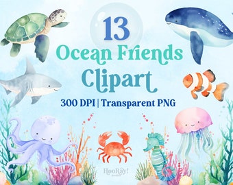 Watercolor Under the Sea Animals Clipart Bundle, Ocean Creatures, Clip Art PNG Files, Nautical Graphics, Baby Shower, Kids Birthday Party