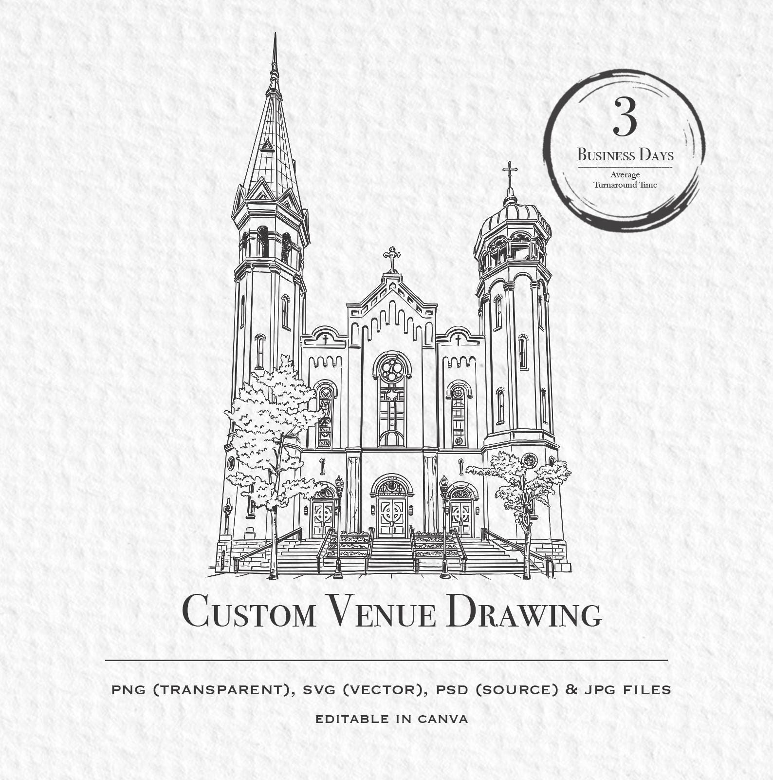 Custom Church Venue Illustration, Personalized Wedding Gift (digital ...