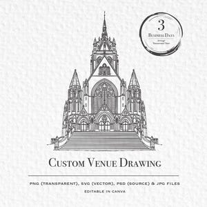 Tekening trouwlocatie kerk, illustratie aangepaste kerk, gepersonaliseerd huwelijkscadeau, digitaal kunstwerk