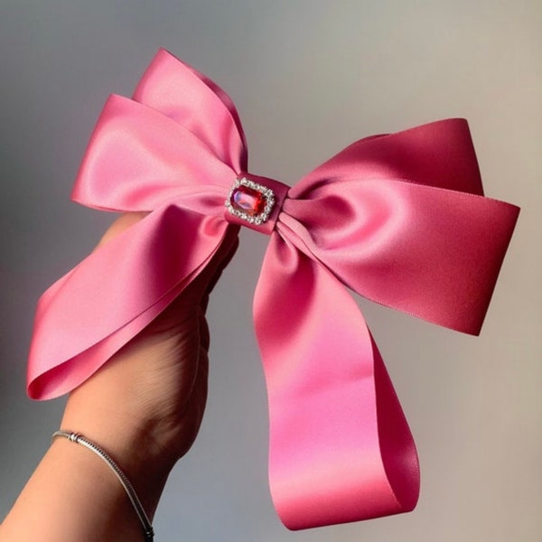 Pink satin hair bow, pink bow on hair clip, women and girls hair accessory