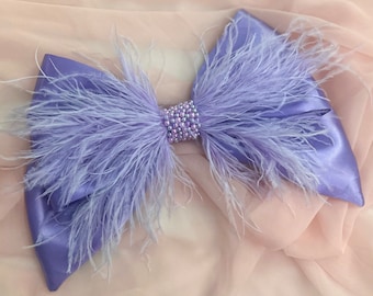 Lilac bow clip with feathers, purple large bow, oversized bow, hair bow, barrette clip
