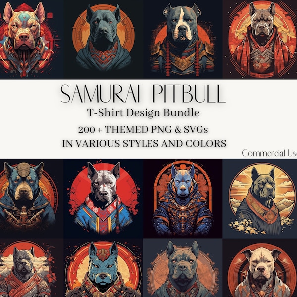 Samurai Pitbull Japanese T-Shirt Design Collection, 200+ Premium Samurai Pitbull Designs, PNG & SVG, Custom Apparel DIY Projects, Urbanwear