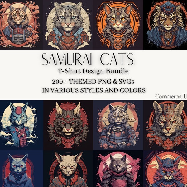 Samurai Cat T-Shirt Design Collection 200+ Premium Samurai Cat Designs, PNG, SVG, Custom Designs, Japanese Urbanwear, Feline bundle, Ukiyo-e