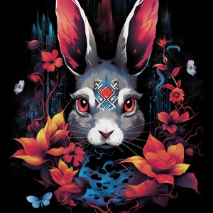 May include: A white rabbit with red eyes and a geometric design on its forehead, surrounded by colorful flowers and a dark blue background.