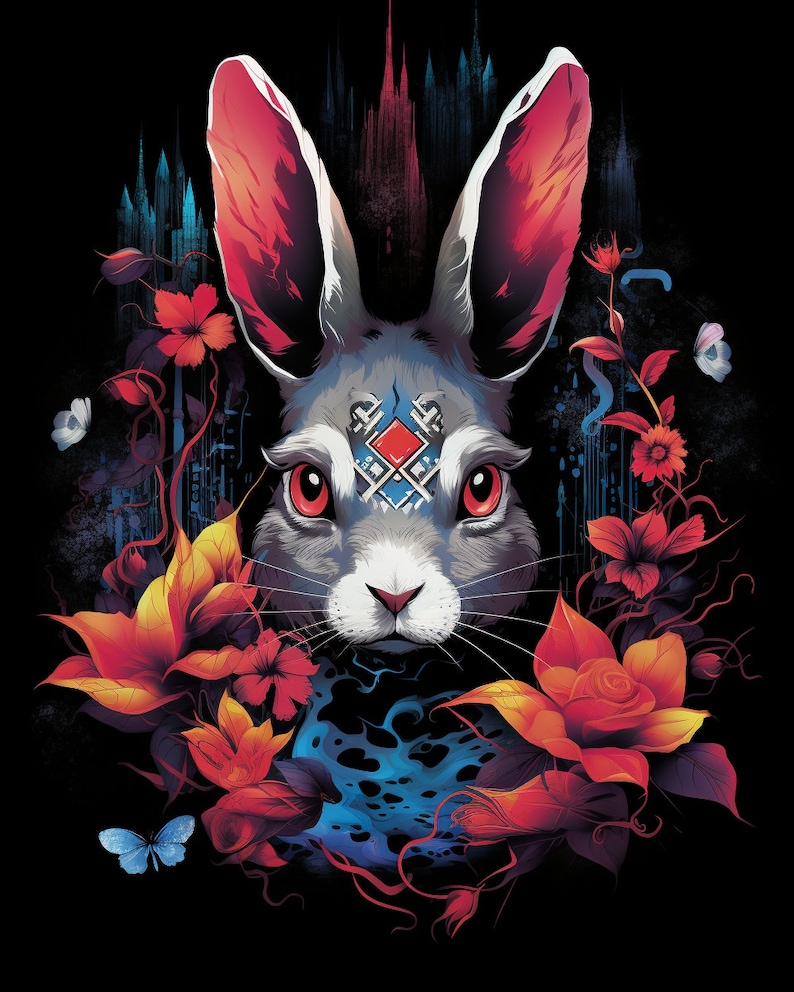 May include: A white rabbit with red eyes and a geometric design on its forehead, surrounded by colorful flowers and a dark blue background.