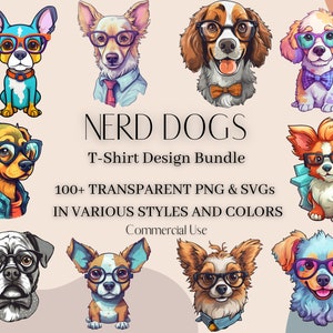 Op de afbeelding: Een digitaal downloadpakket met meer dan 100 transparante PNG- en SVG-afbeeldingen van cartoonhonden met een bril. De honden zijn in verschillende stijlen en kleuren, en de tekst "NERD DOGS" en "T-Shirt Design Bundle" wordt boven de afbeeldingen weergegeven.