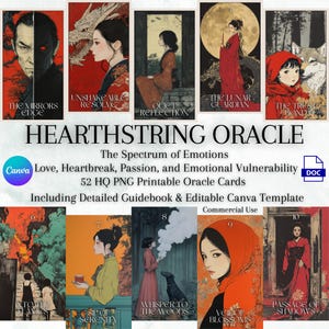 Baraja de oráculo Heartstrings, 52 cartas imprimibles, 8 reversos de cartas, guía de 110 páginas, plantillas de Canva editables, crecimiento emocional y arte japonés