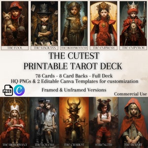 Baraja de Tarot Imprimible, Bonita y Infantil, 78 Cartas + 8 Dorsos, Tarot PNG de Alta Calidad, Plantilla Canva Editable, Paquete de Arte Mural de Tarot