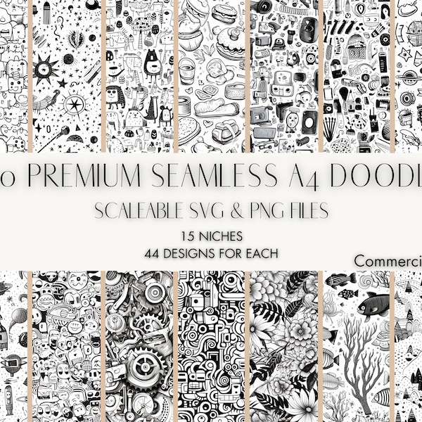 Doodle Seamless Graphics Bundle - 660+ Scalable SVG Files - 15 Unique Niches with 44 Designs Each - Digital Downloads for Versatile Use - A4