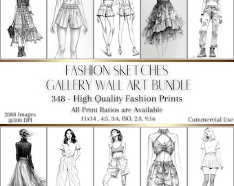 Fashion Sketches Wall Art Bundle, 348 Printable Images, 6 Aspect Ratios, 2088 Files at 300 DPI, Gallery Wall Art Bundle, Eclectic Fashion
